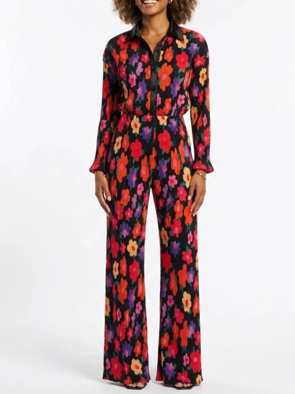 70s Retro Psych Floral Plisse Pleated 2 Piece Matching Pants Set M
